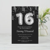 16. Geburtstag Silberballons mit Confetti Einladung (Stehend Vorderseite)