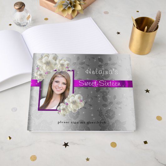 16 . Geburtstag, Sparkle, Rosa Satin Weiße Rosen Gästebuch (Vorderseite Offen)