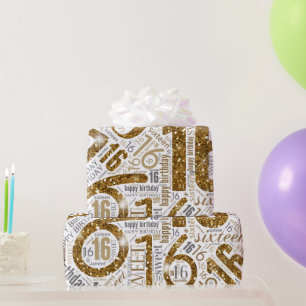 16 . Geburtstag Sparkle Word Cloud Gold White ID26 Geschenkpapier