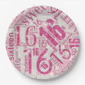 16 . Geburtstag Sparkle Word Cloud Pink ID265 Pappteller (Vorderseite)