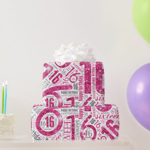 16 . Geburtstag Sparkle Word Cloud Pink White ID26 Geschenkpapier