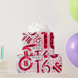 16 . Geburtstag Sparkle Word Cloud Red White ID265 Geschenkpapier