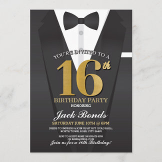 16. Geburtstag Spy Anzug Black Krawatte Gold Tuxed Einladung