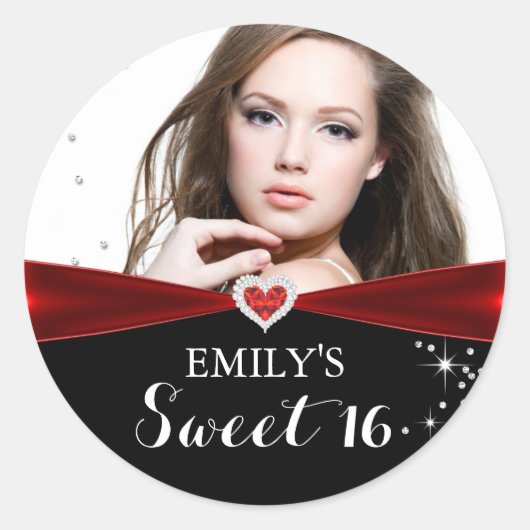 16 . Geburtstag Sticker für Red Sparkle Heart Foto (Vorderseite)