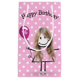16. Geburtstag Strichfigur-Mädchen mit Pink Balloo Kleine Geschenktüte