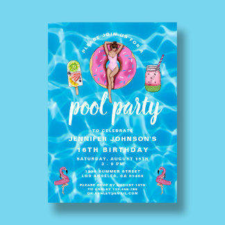 16. Geburtstag Süße rosa Sommer-Poolparty Einladung