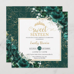 16. Geburtstag Sweet 16 Emerald Green Floral Gold Einladung