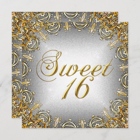 16 . Geburtstag Sweet 16 Gold Gray Silver Einladung (Vorne/Hinten)
