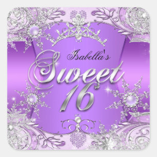 16 . Geburtstag Sweet 16 Lila Schneeflocke Tiara 2 Quadratischer Aufkleber