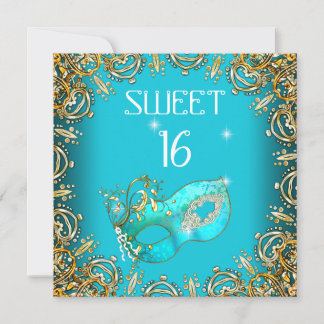 16 . Geburtstag Sweet 16 Masquerade Gold Aquamarin Einladung