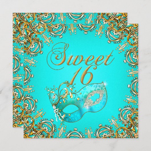 16 . Geburtstag Sweet 16 Masquerade Gold Aquamarin Einladung (Vorne/Hinten)
