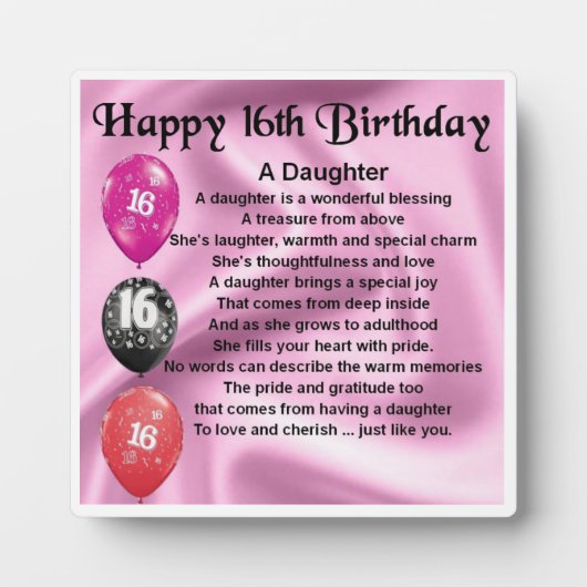 16. Geburtstag Tochter Gedicht Plaque Fotoplatte (Vorderseite)