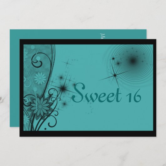 16 . Geburtstag Türkis und Schwarz Einladung (Vorne/Hinten)