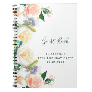 16. Geburtstag üppige Blumen weißes Pfirsichbuch Notizblock