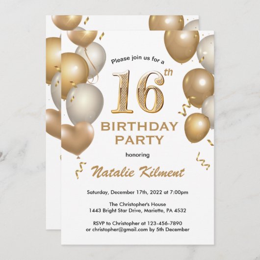 16. Geburtstag Weißer und Goldballons Einladung (Vorne/Hinten)