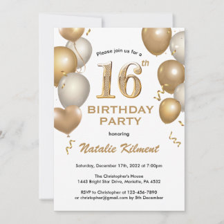 16. Geburtstag Weißer und Goldballons Einladung