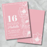 16 . Geburtstag Wild Blume 16. Geburtstag Einladung<br><div class="desc">Das stilvolle und elegante 16 . Geburtstag-Geburtstagsfest lädt zum stilvollen Feiern ein. Das Design ist hellrosa, fast wie ein dunkelblütenrosa, mit einer zarten Blume, die auf der rechten Seite entlang verläuft. Obwohl es sich um anemonische Blume handelt, können sie einen ziemlich allgemeinen Blumenlook abgewinnen. Ein einfacher Rahmen rund um den...</div>