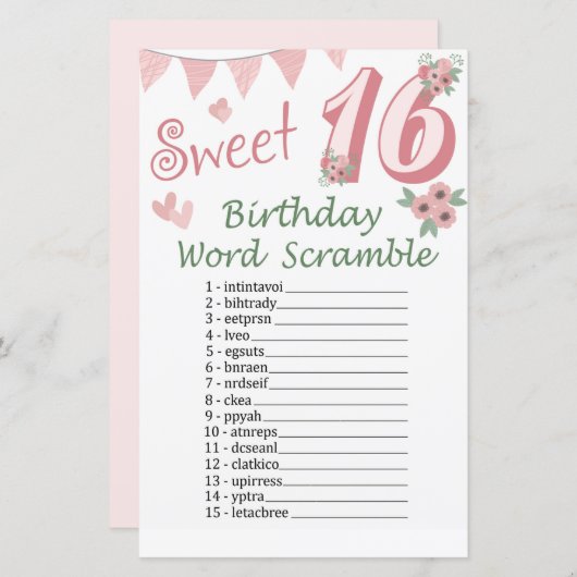 16. Geburtstag Word Scramble Game (Vorne/Hinten)