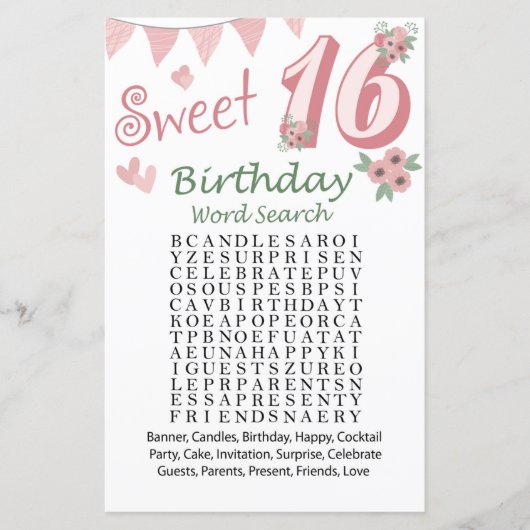 16. Geburtstag Word Search Game (Vorderseite)