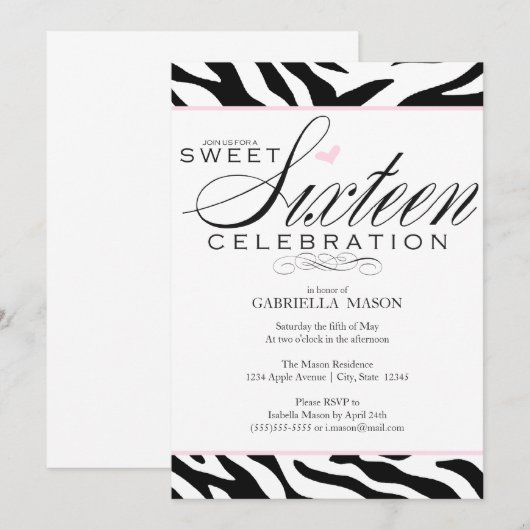 16 . Geburtstag Zebra Einladung (Vorne/Hinten)