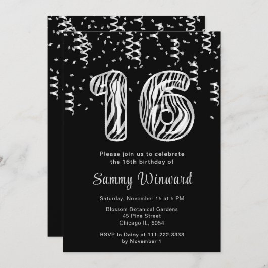 16. Geburtstag Zebra Print Balloons mit Confetti Einladung (Vorne/Hinten)