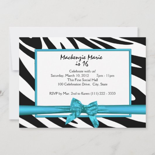 16 . Geburtstag Zebra und Ribbon Einladung (Rückseite)
