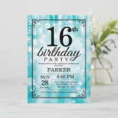 16. Geburtstags-Einladungs-aquamariner Glitzer Einladung (Stehend Vorderseite)
