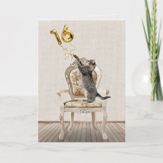16. Geburtstagsballons und Tabby Cat Karte (Vorderseite)