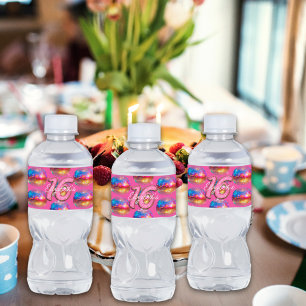 16. Geburtstagsfeier Gold Pink Glitter Disco-Kugel Wasserflaschenetikett
