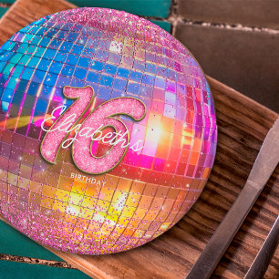16. Geburtstagsfeier Gold Rosa Glitter Disco Kugel Pappteller