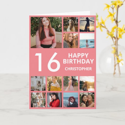16. Geburtstagskollage 13 Fotos Rosa & Weiß Karte (Gelbe Blume)
