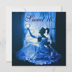 16 GEBURTSTAGSPARTEI, BLAUE SCHWARZ-WEISS DAMASK EINLADUNG