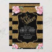 16 Geburtstagsparty - 16 . Geburtstag Gold Glitzer Einladung (Vorne/Hinten)