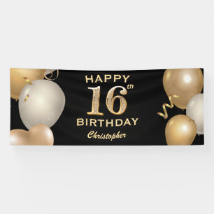 16. Geburtstagsparty Black and Gold Ballons Banner