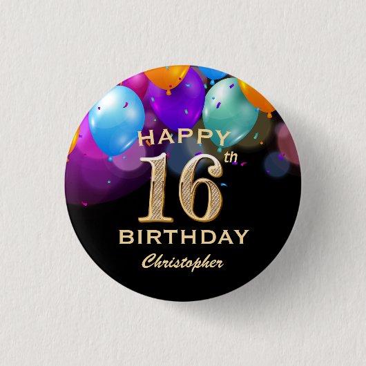 16. Geburtstagsparty Black and Gold Ballons Button (Vorderseite)