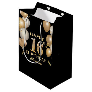 16. Geburtstagsparty Black and Gold Ballons Mittlere Geschenktüte