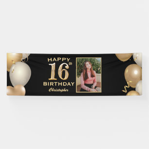 16. Geburtstagsparty Black and Gold Balloons Foto Banner