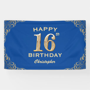 16. Geburtstagsparty Blue and Gold Glitzer Frame Banner