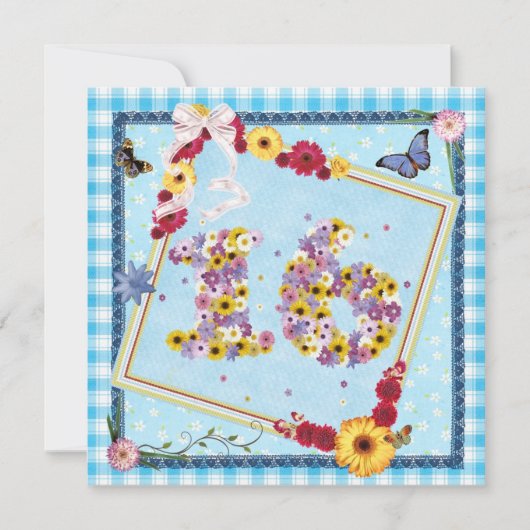 16. Geburtstagsparty Einladung Blume, Schmetterlin (Vorderseite)