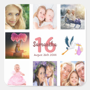 16. Geburtstagsparty Foto Collage Monogramm Quadratischer Aufkleber