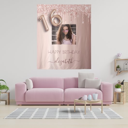 16. Geburtstagsparty Foto Rose Gold Glitzer rosa Wandteppich