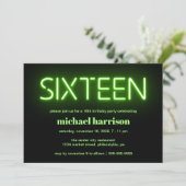16. Geburtstagsparty Green Neon Lights Einladung (Stehend Vorderseite)