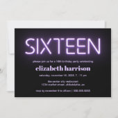 16. Geburtstagsparty Lila Neon Lights Einladung (Vorderseite)