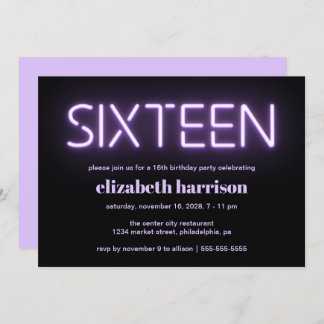 16. Geburtstagsparty Lila Neon Lights Einladung