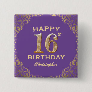 16. Geburtstagsparty Lila und Gold Glitzer Frame Button