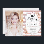16. Geburtstagsparty mit Foto - Rose Gold White Einladung<br><div class="desc">16. Geburtstagsfeier mit Ihrem Foto. Kann für jedes Alter angepasst werden. Enthält Streifen,  Skript-Schriftart,  rot rosa Rosen und Konfetti. Klassisches Design mit Imitats Glitzer Rose Gold. Ideal für eine elegante sechzehnte Feier.</div>
