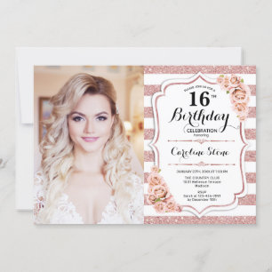 16. Geburtstagsparty mit Foto - Rose Gold White Einladung