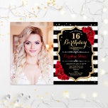16. Geburtstagsparty mit Foto - Rot-Schwarz Einladung<br><div class="desc">16. Geburtstagsfeier mit Ihrem Foto. Enthält Schwarz-weiße Streifen,  Skript-Schriftart,  rote Rosen und Konfetti. Klassisches Schwarz-weißes rotes Design mit Imitaten Glitzer Gold. Ideal für eine elegante sechzehntägige Feier.</div>