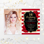 16. Geburtstagsparty mit Foto - Schwarz-Rot Einladung<br><div class="desc">16. Geburtstagsfeier mit Ihrem Foto. Enthält dunkelweiße Streifen,  Skript-Schriftart,  Rose und Konfetti. Klassisches Schwarz-weißes rotes Design mit Imitaten Glitzer Gold. Ideal für eine elegante 16 . Geburtstag-Feier.</div>