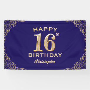 16. Geburtstagsparty Navy Blue and Gold Glitzer Banner